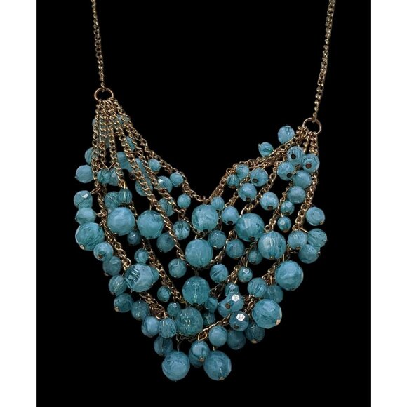 Jewelry - Cascading Aqua Blue Beaded Necklace On Gold-Tone Chain